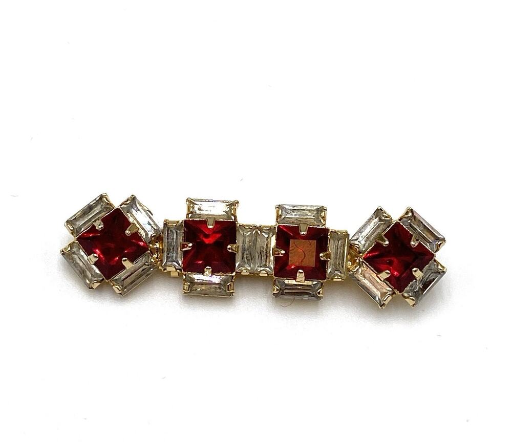 Kirks Folly Bar Pin Brooch Art Deco Red Square Clear Crystal Baguettes Vintage